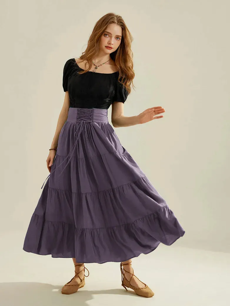 Women Renaissance Tiered Swing Skirt with Pocket