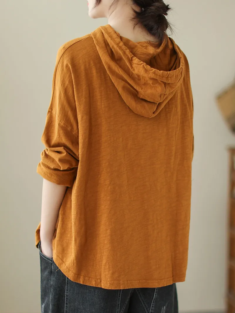 Women's Solid Color Loose Large Size Long-Sleeved T-shirt Casual Hooded T-shirt Top