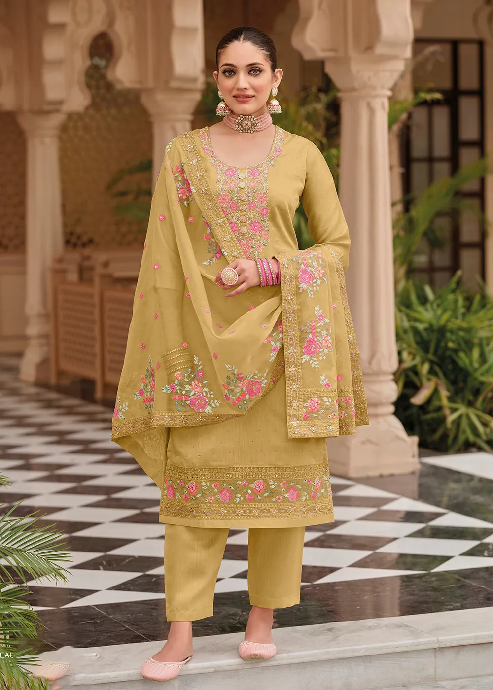 Yellow Maheshwari Silk Embroidered Festive Salwar Suit