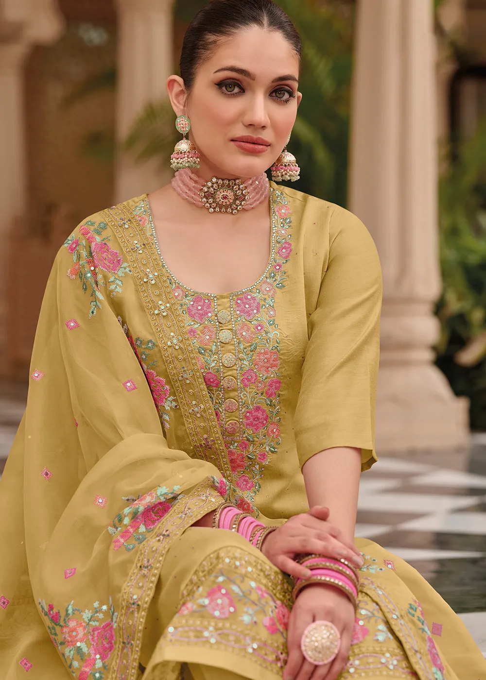 Yellow Maheshwari Silk Embroidered Festive Salwar Suit