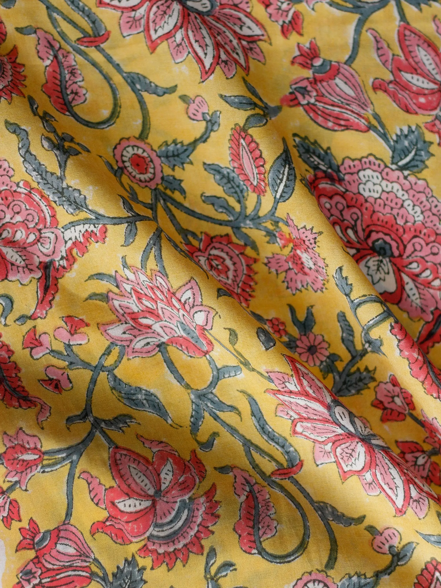 Yellow Pink Sage Green Hand Block Printed Modal Cotton Fabric Per Meter - F001F1844