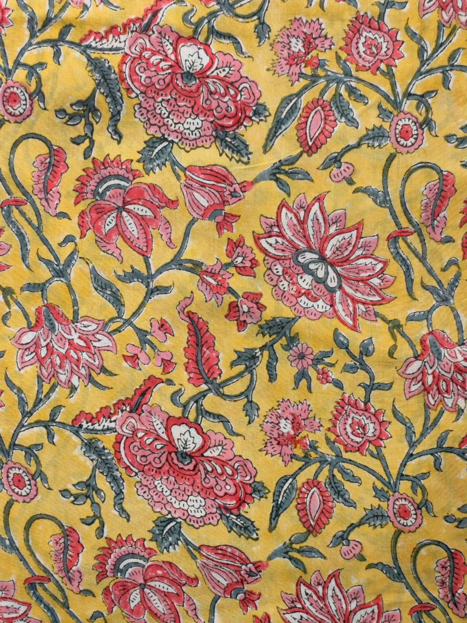 Yellow Pink Sage Green Hand Block Printed Modal Cotton Fabric Per Meter - F001F1844