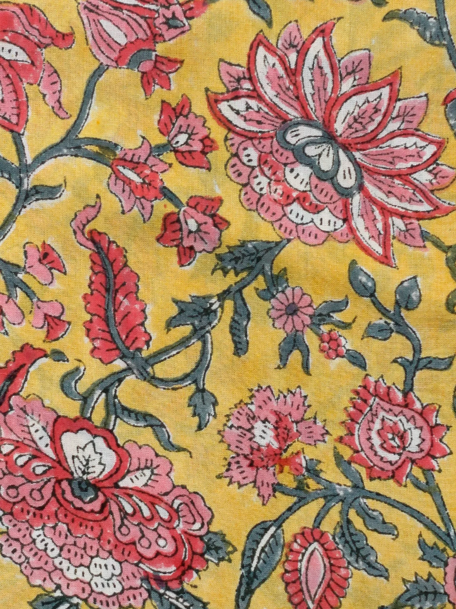 Yellow Pink Sage Green Hand Block Printed Modal Cotton Fabric Per Meter - F001F1844